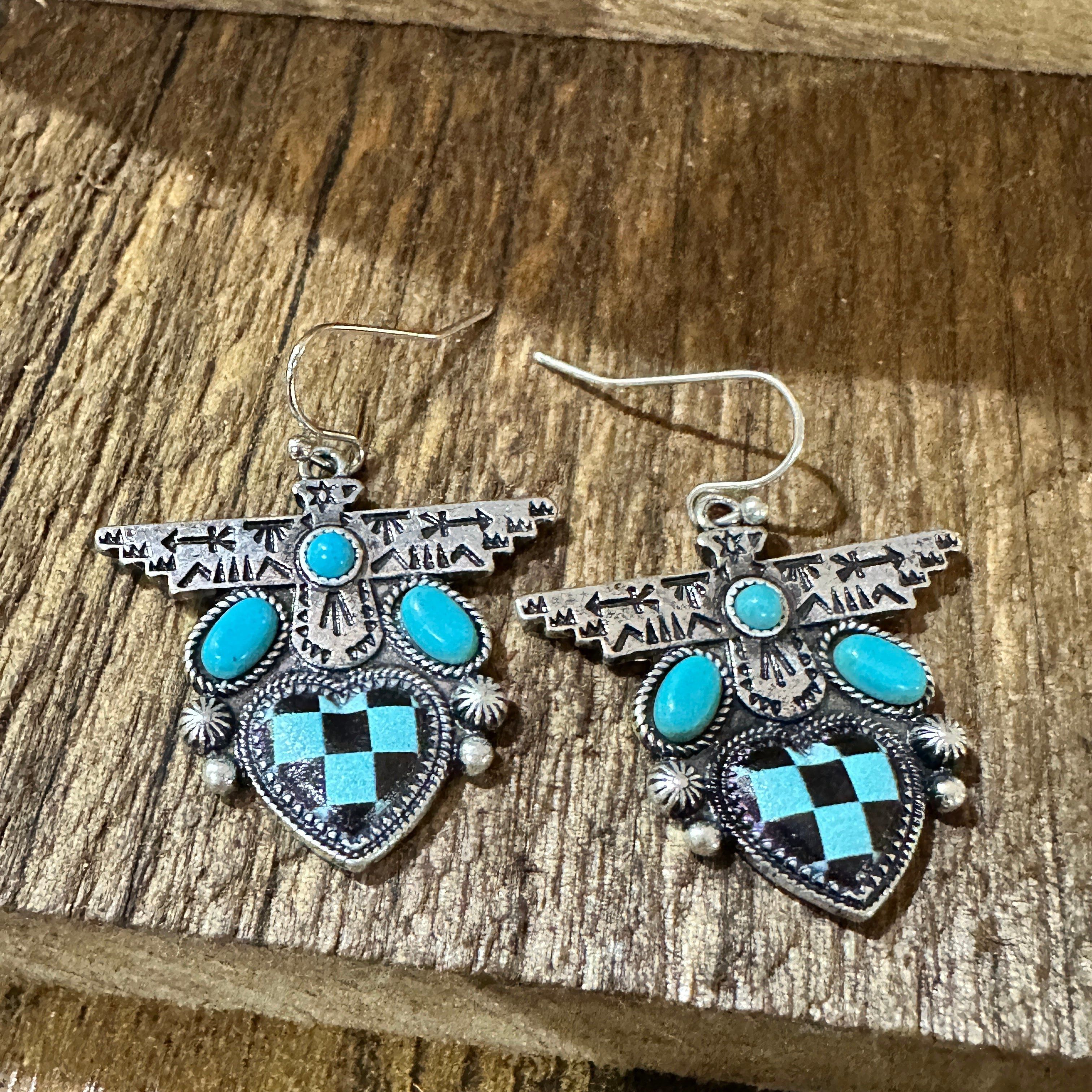 Other Boho Turquoise Thunderbird Earrings, Stylish Checkered Desig Size ONE SIZE - 5 Thumbnail