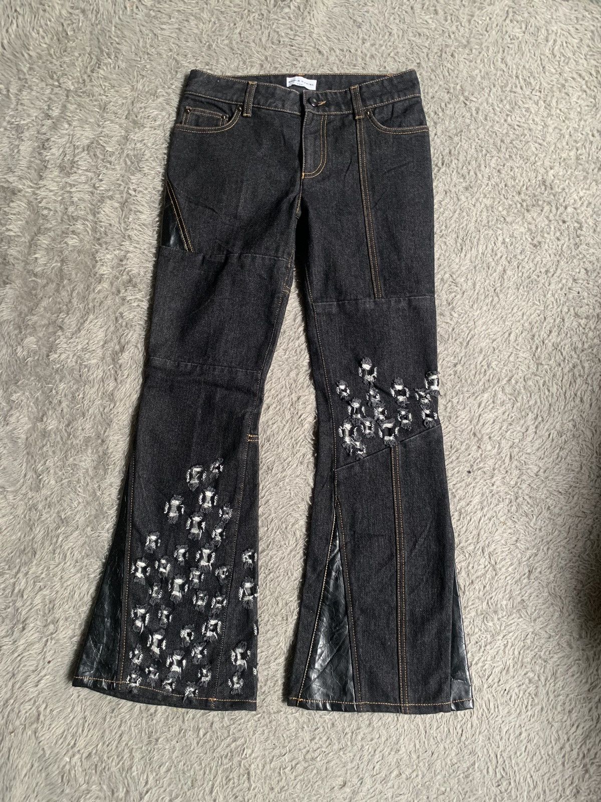 Designer × Japanese Brand × Sonia Rykiel Sonia Rykiel Hybrid Leather Distreesed Flare Denim Pant Size 27" / US 4 / IT 40 - 1 Thumbnail