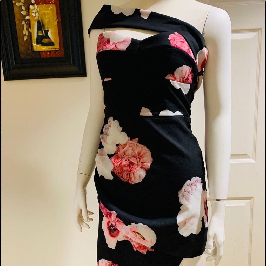 Other Zarga High Low Black Floral strapless dress Size L Size L / US 10 / IT 46 - 3 Thumbnail