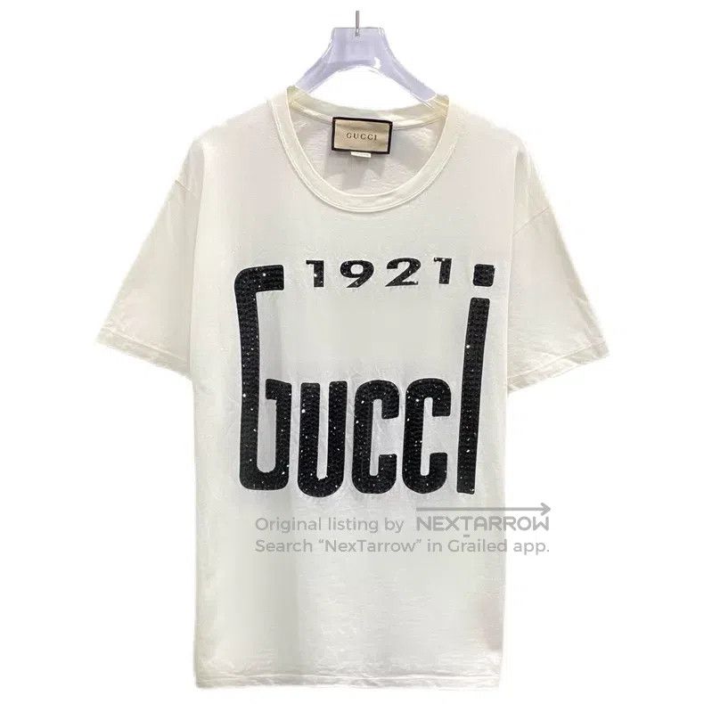 Gucci Gucci Beige cotton rhinestone logo letter round-neck short Size US S / EU 44-46 / 1 - 1 Thumbnail