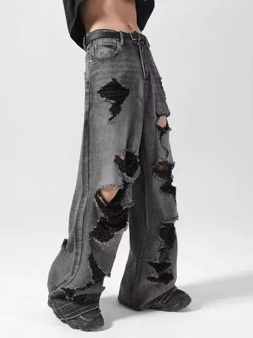 VIBE Retro street design with holes and old washed loose jeans Size US 30 / EU 46 - 4 Thumbnail