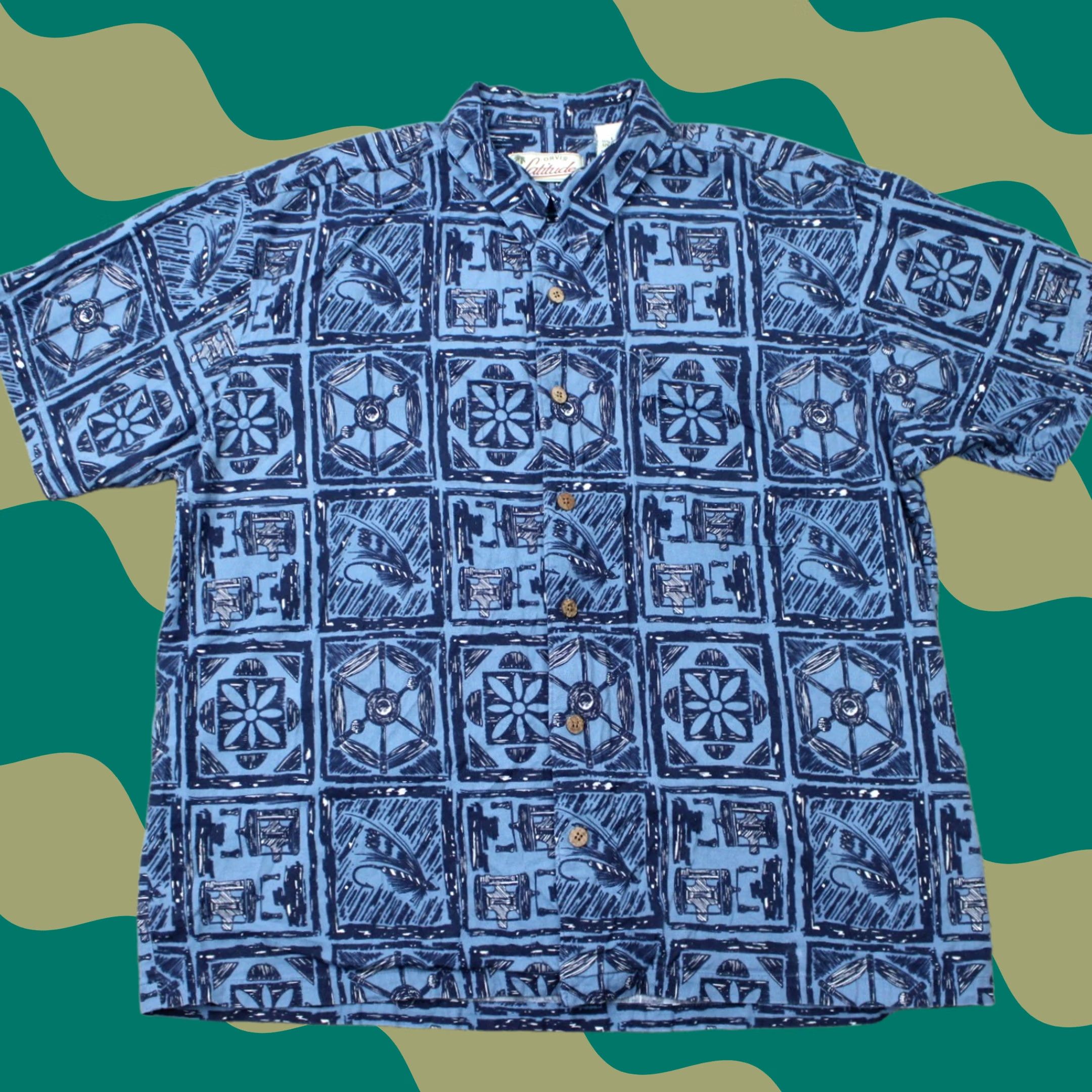 Orvis Orvis Latitudes Shirt Mens L Blue Geometric Tribal Short Sleeve Button-Up Cotton/Rayon Size US L / EU 52-54 / 3 - 1 Thumbnail