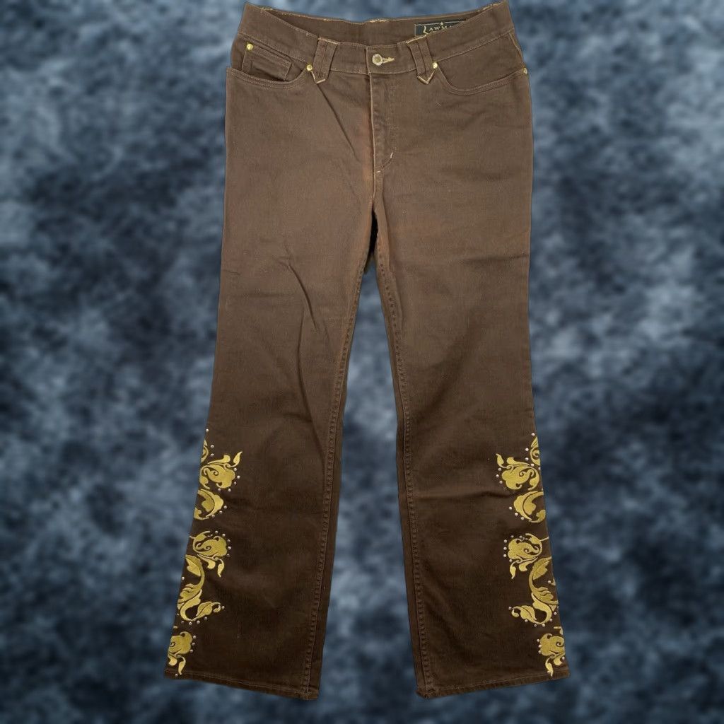 Denime Vtg Lawman Jeans Women Jr 13 Denim Brown Western High-Rise Studded Floral Riding Jeans Size 34" / US 12 / IT 48 - 1 Thumbnail