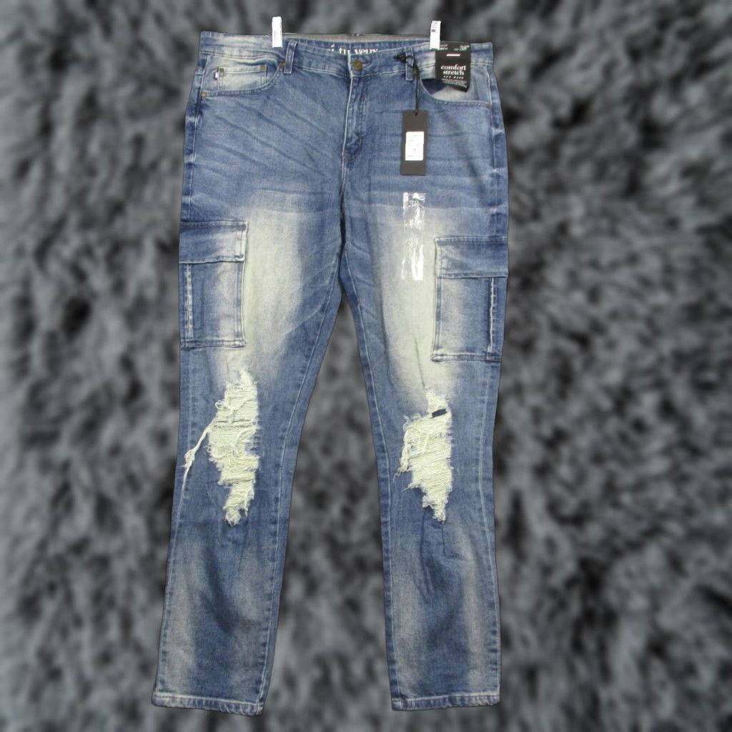 Denime Si Tu Veux Karl Jean Jeans Mens 38 Blue Indigo Wash Distressed Comfort Stretch Skinny Denim Pants Size US 38 / EU 54 - 1 Thumbnail