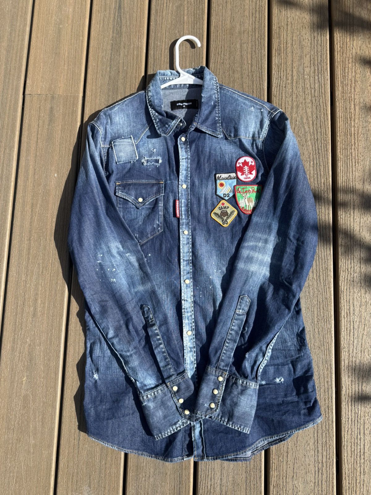 Dsquared2 Dsquared2 Blue Distressed Denim Patch Appliquéd Shirt Size US L / EU 52-54 / 3 - 1 Thumbnail
