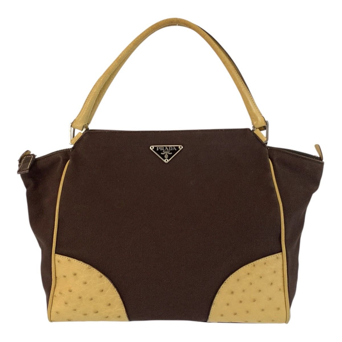Prada Prada Prada Triangle Logo Plate Canvas/Ostrich Tote Bag Textile Tote Bag DUTY FREE for USA Size ONE SIZE - 1 Thumbnail