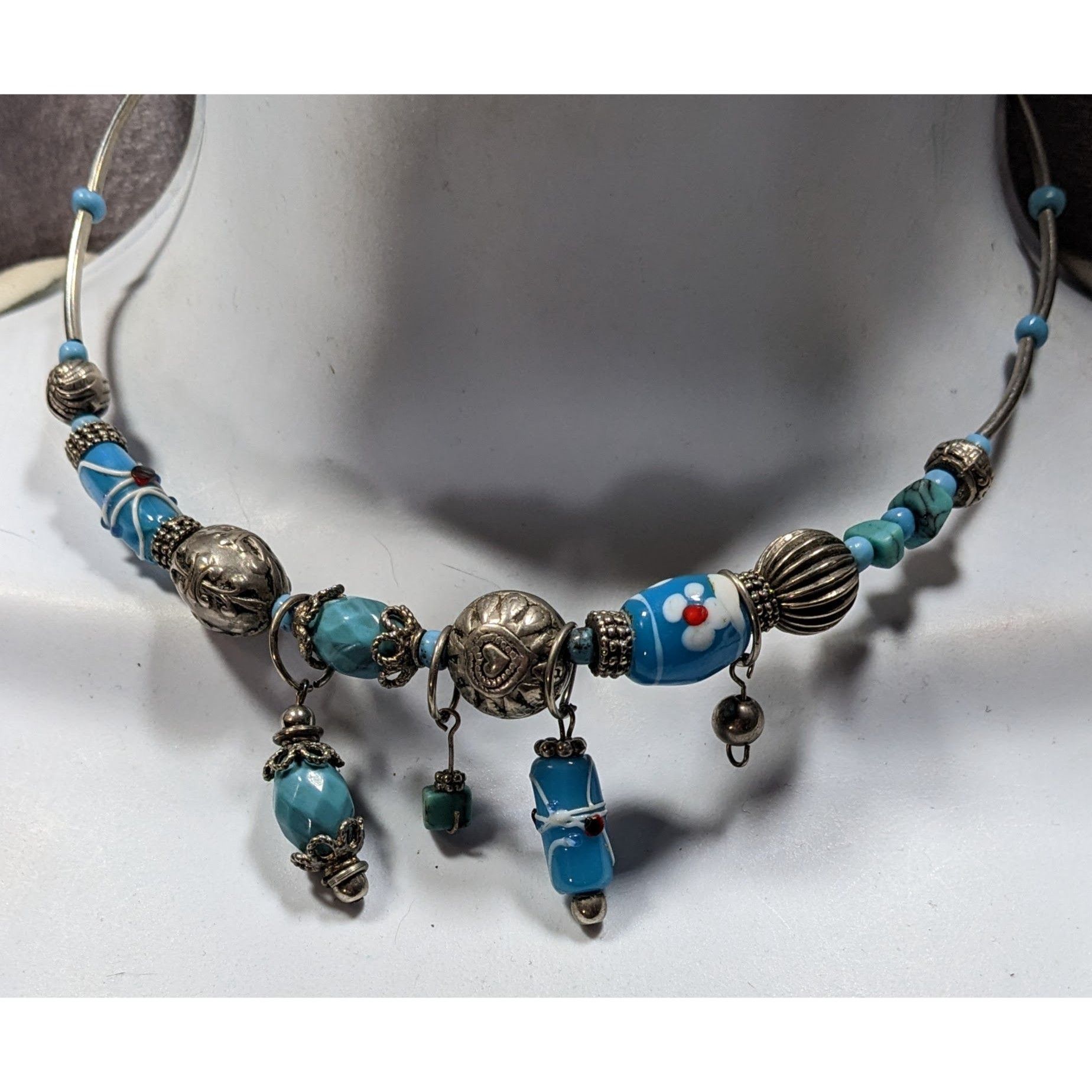Handmade Handcrafted Beaded Necklace With Blue Glass Charms & Silver Size ONE SIZE - 4 Thumbnail