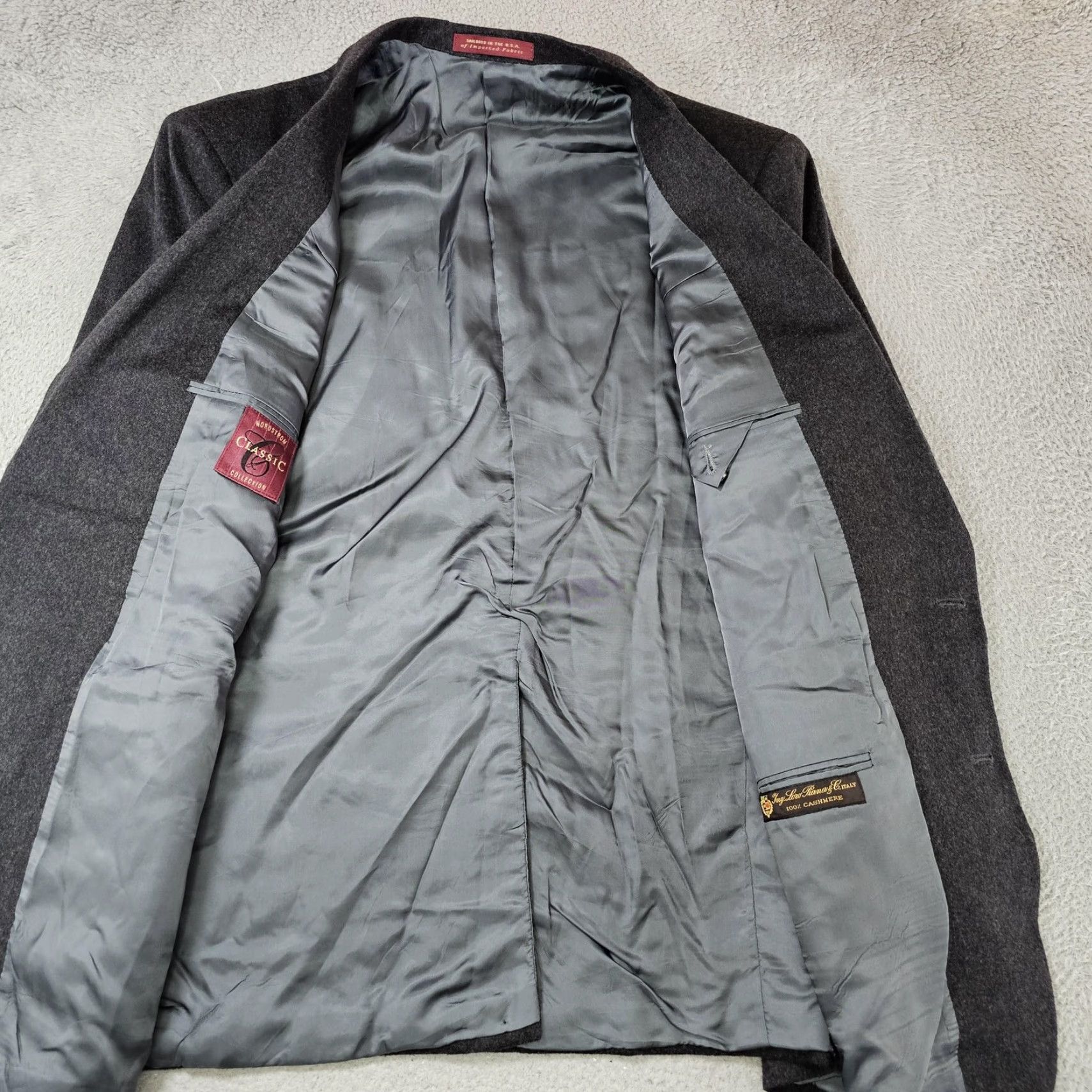 Nordstrom Loro Piana Sport Coat Mens 46 Gray 100% Cashmere Two-Button Notch Lapel Black/Charcoal Gray Solid Jacket Coat Business Formal Wedding USA Size US S / EU 44-46 / 1 - 4 Thumbnail