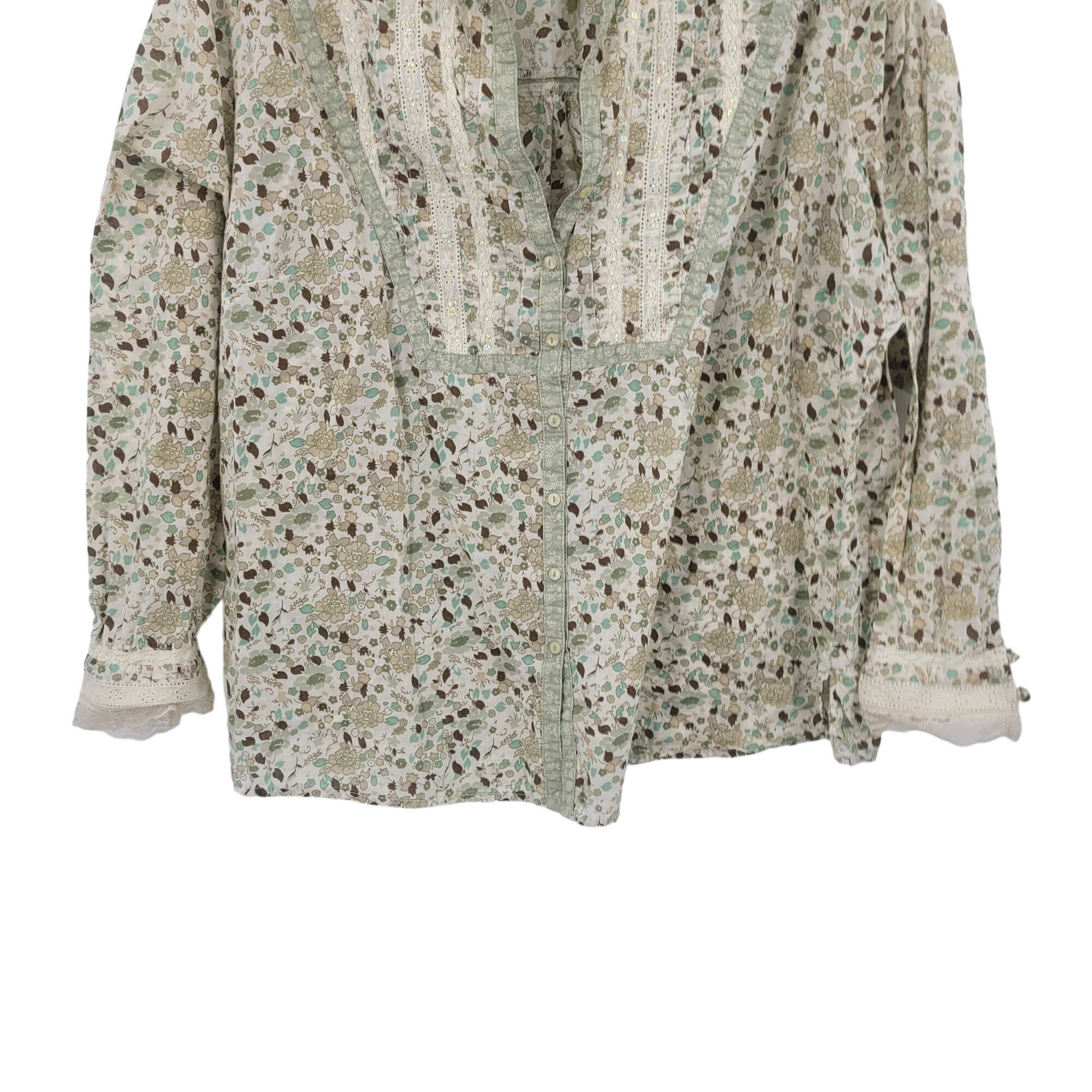 Faded Glory Vintage Ditsy Floral Blouse 18W/20W Green Lace Bib Button Size 3XL / US 20-22 - 5 Thumbnail