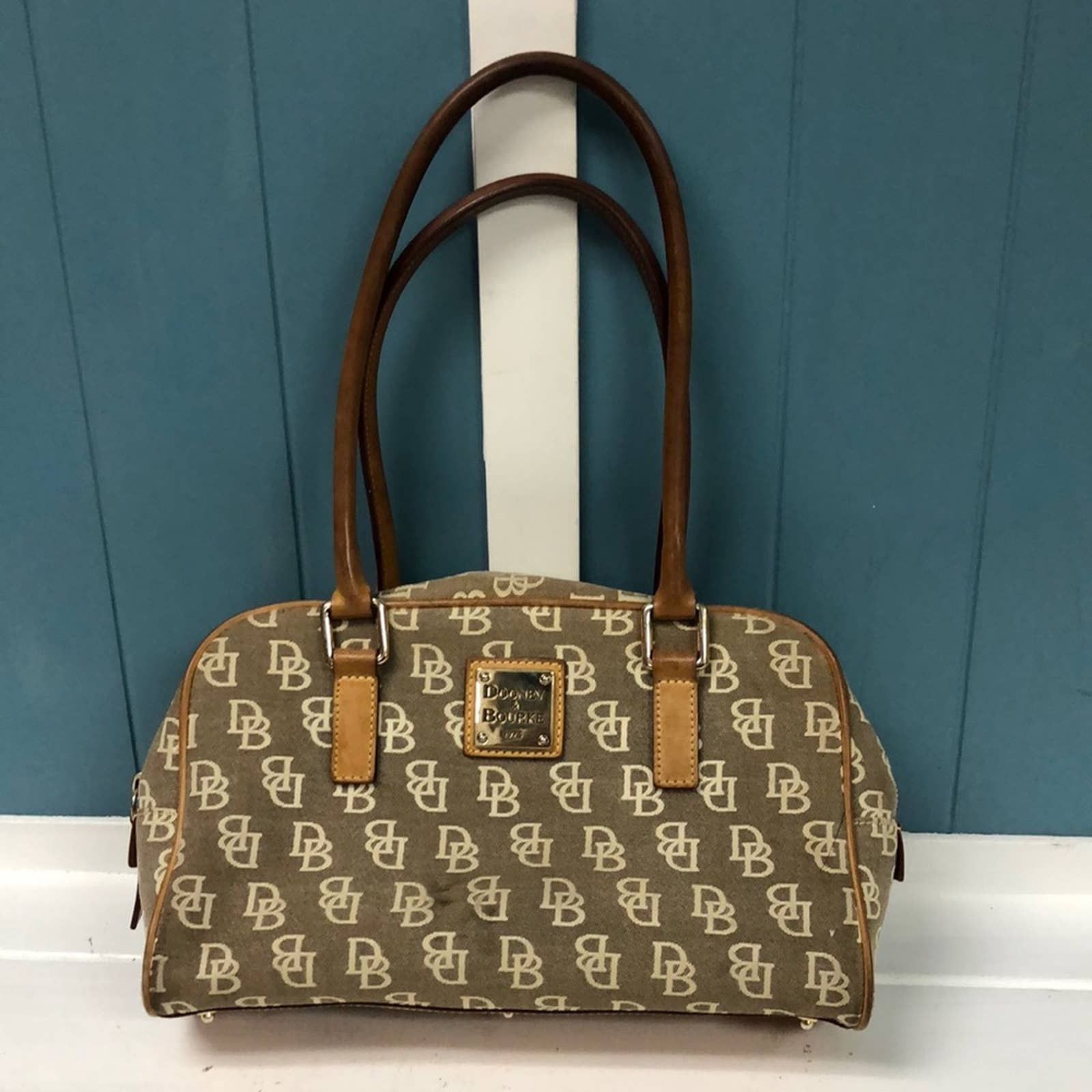 Vtg Dooney & Bourk tan Bag Canvas Leather handles Purse 11x7