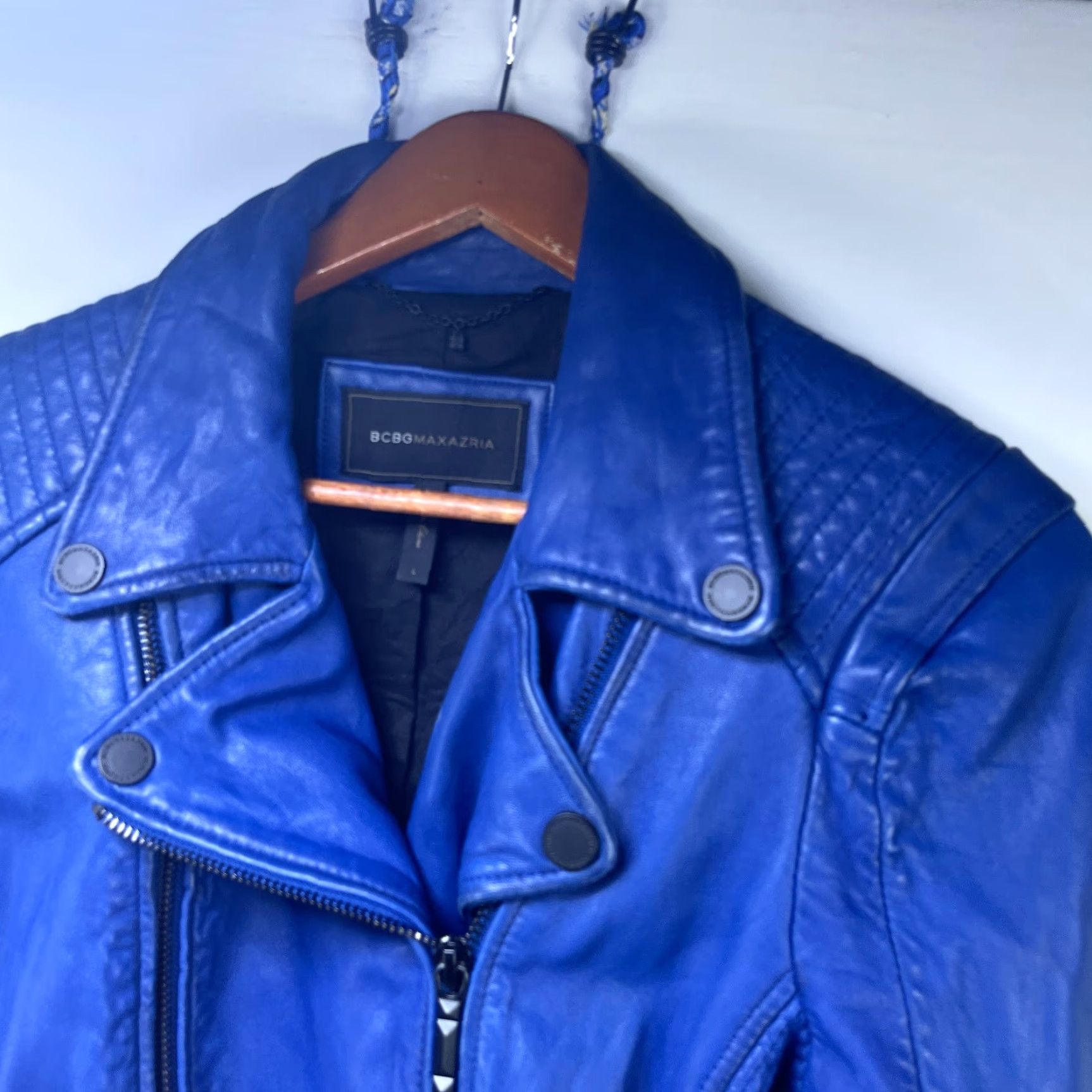 Bcbgmaxazria BCBGMAXAZRIA Leather Jacket Blue Women's Large Motorcycle Jacket Size L / US 10 / IT 46 - 2 Thumbnail