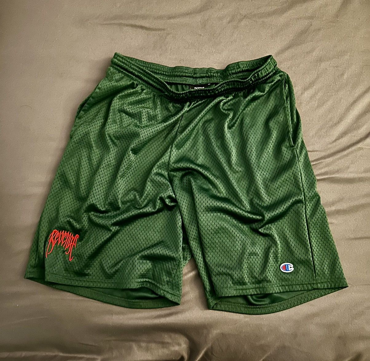 image of Revenge Embroidered Green And Red Mesh Shorts, Men's (Size 31)