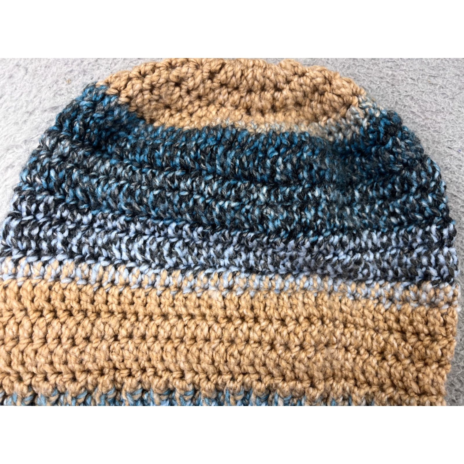 Vintage Handmade Beanie Toque Knit Acrylic Striped Adult One Size Blue Beige Button Hat Mens Women Adults Beanie Size ONE SIZE - 4 Thumbnail