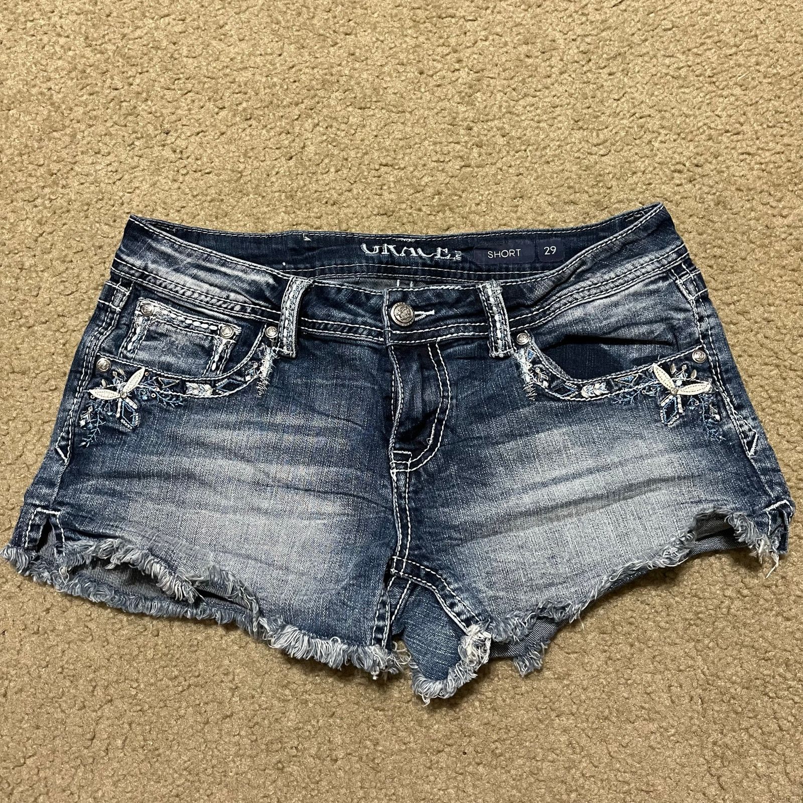 Grace in LA Y2K Grace Embroidered Distressed Dark Jean Booty Shorts 30W Size 30" / US 8 / IT 44 - 2 Thumbnail