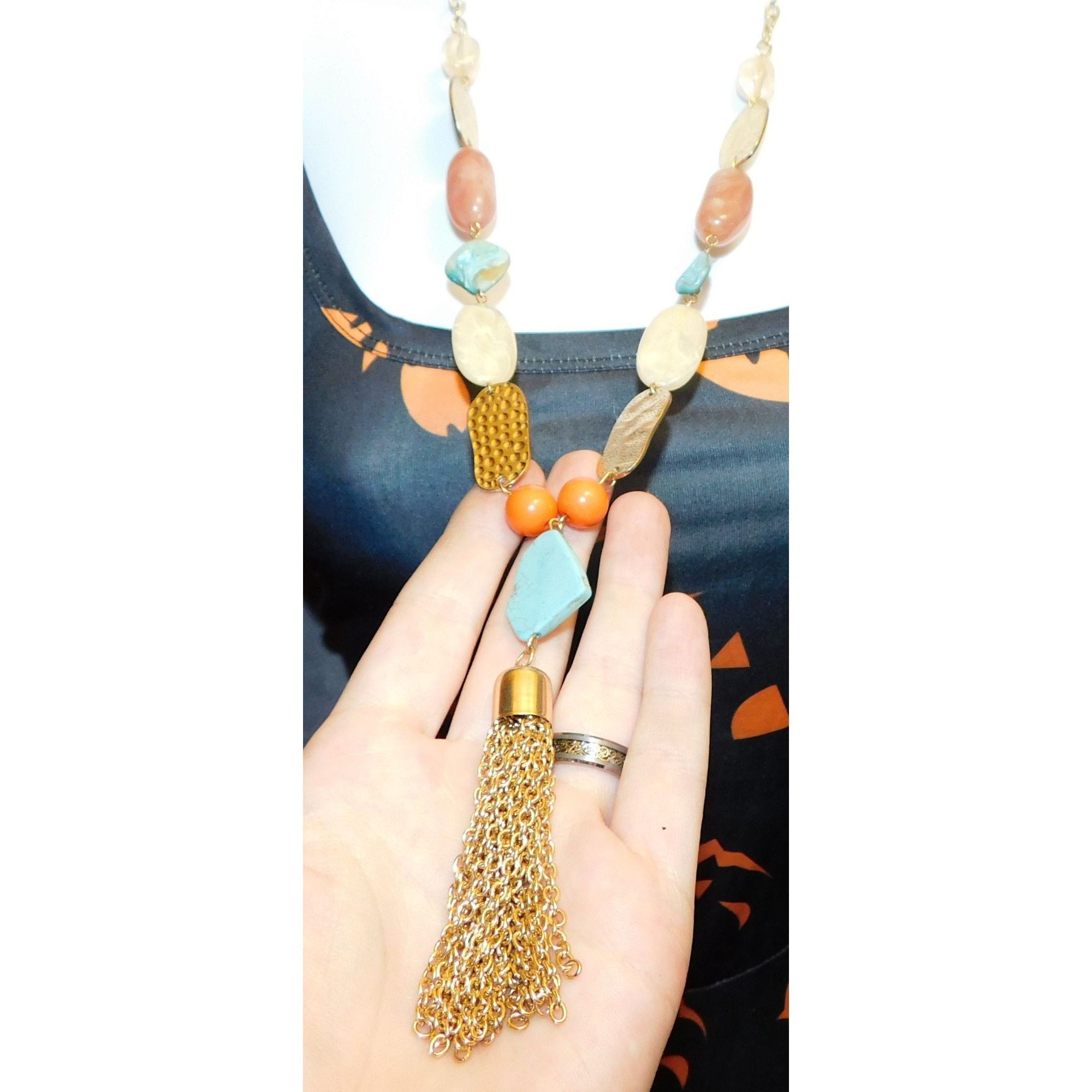 Other Bohemian Gemstone Beaded Gold Tone Tassel Necklace Size ONE SIZE - 2 Thumbnail