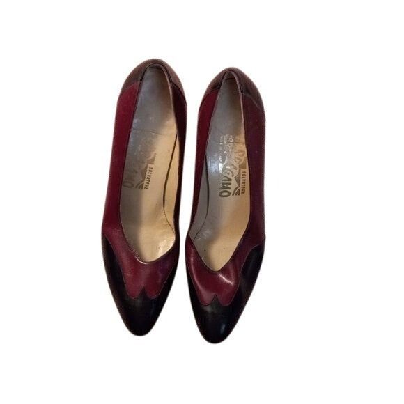 Salvatore Ferragamo Size 6.5 AA Ferragamo Burgundy Black Leather Heels Italy Lea Size US 6.5 / IT 36.5 - 3 Thumbnail