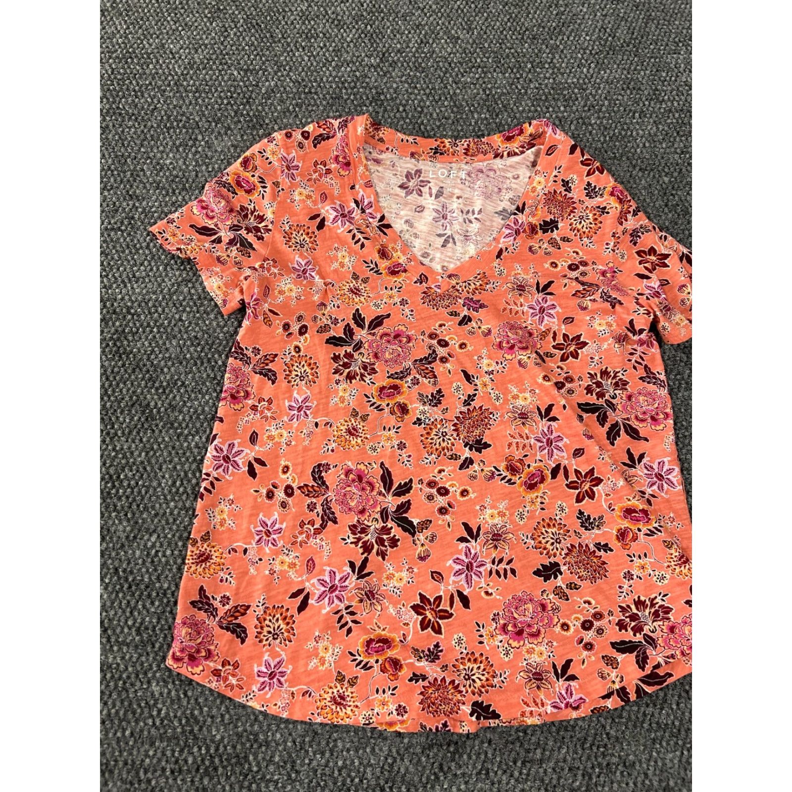 Loft Loft Shirt Womens Medium Orange Floral V-Neck Short Sleeve Cotton Tee Top Size M / US 6-8 / IT 42-44 - 4 Thumbnail
