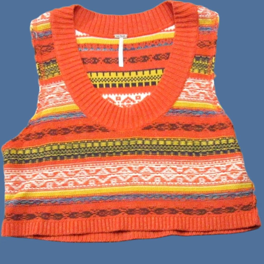 Free People Free People Sweater Vest Womens Large Orange Fair Isle Knit Cropped Boho Size L / US 10 / IT 46 - 1 Thumbnail