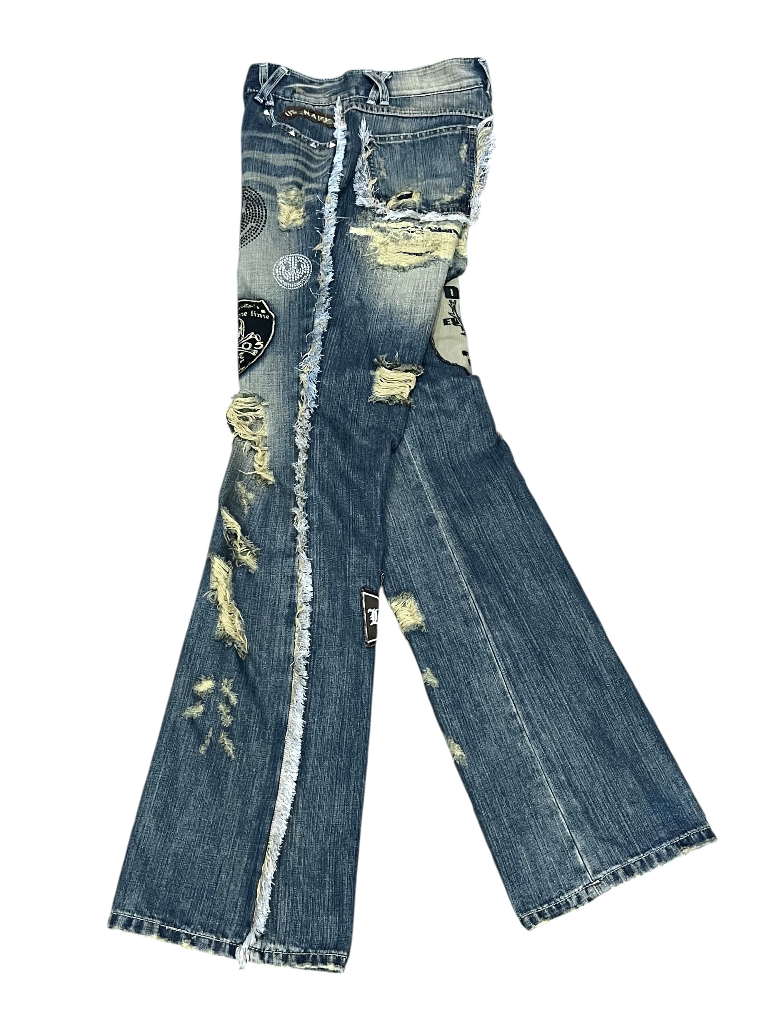 Japanese Brand LUSC Distressed Flare Jeans Patchwork, Ripped, Raw Hem Rare Size 28" / US 6 / IT 42 - 1 Thumbnail