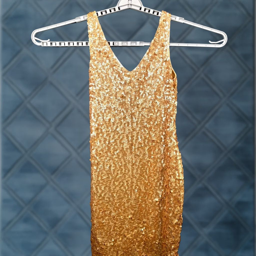 Vintage Pretty Guide Gold Sequin Mini Sheath Dress Women's L PartyCocktail Wedding V-Neck Sleeveless Sleeveless Pullover Short Dress Size L / US 10 / IT 46 - 1 Thumbnail