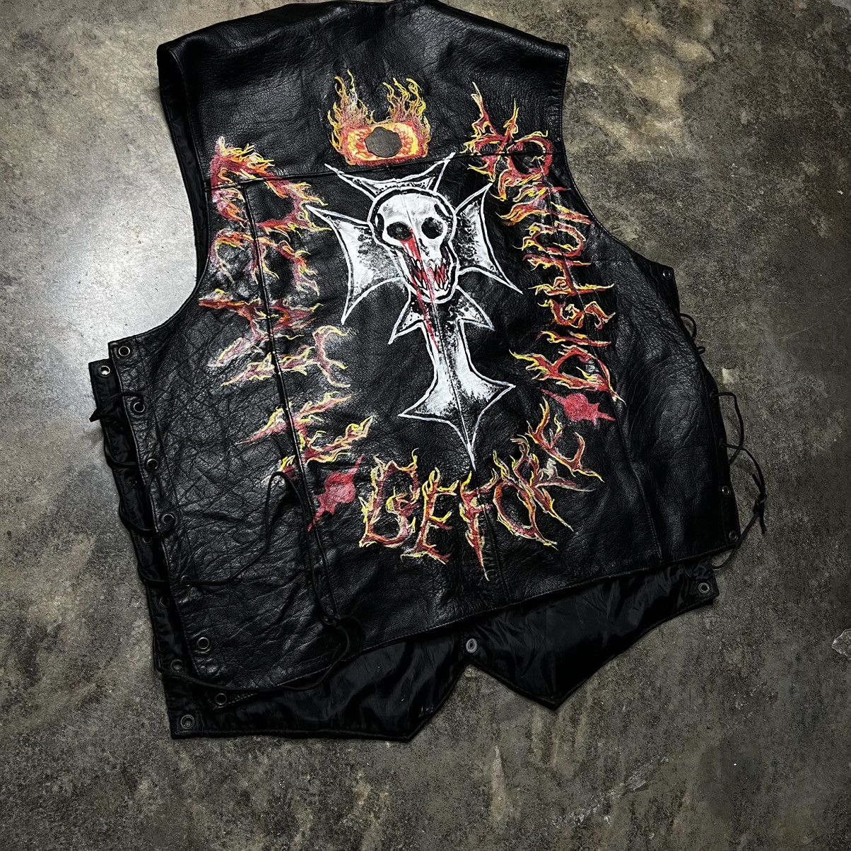 Vintage vintage black leather biker skull chain vest Size US XXL / EU 58 / 5 - 5 Thumbnail