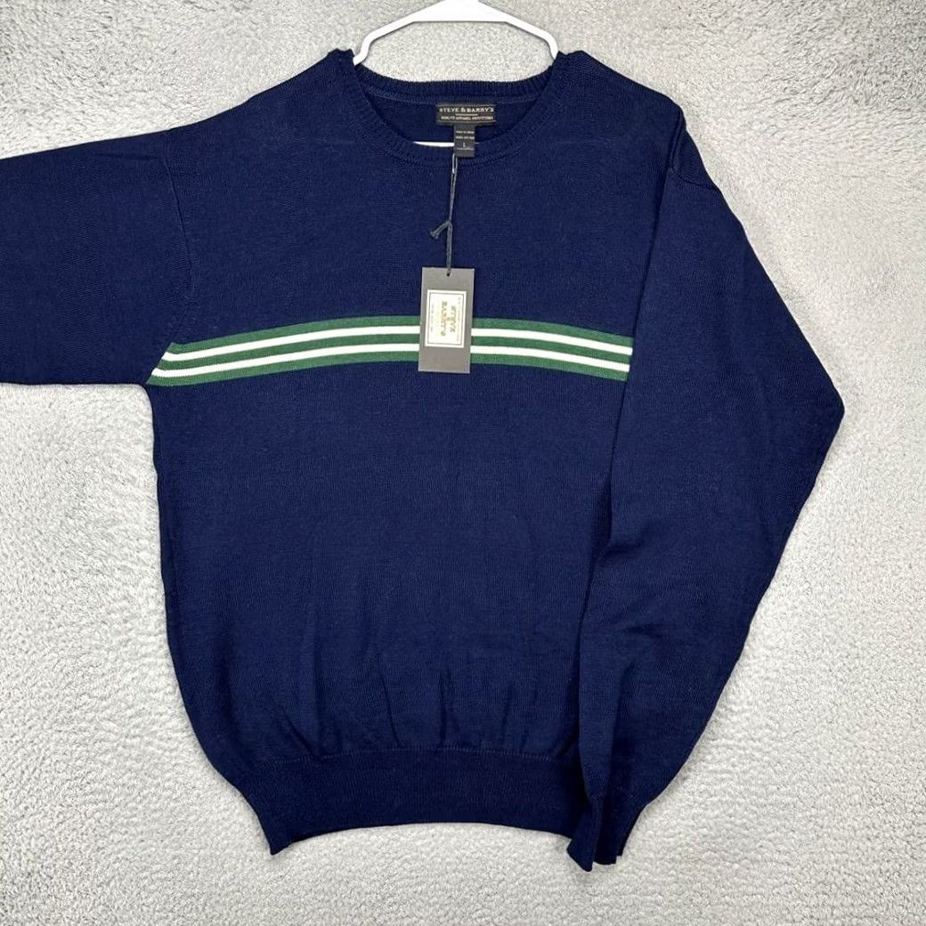 Vintage VINTAGE? No. Steve Barrys Crew Neck Sweater Mens Large Navy 2 Striped Pullover Knit Adult L Blue Cotton Size US L / EU 52-54 / 3 - 4 Thumbnail