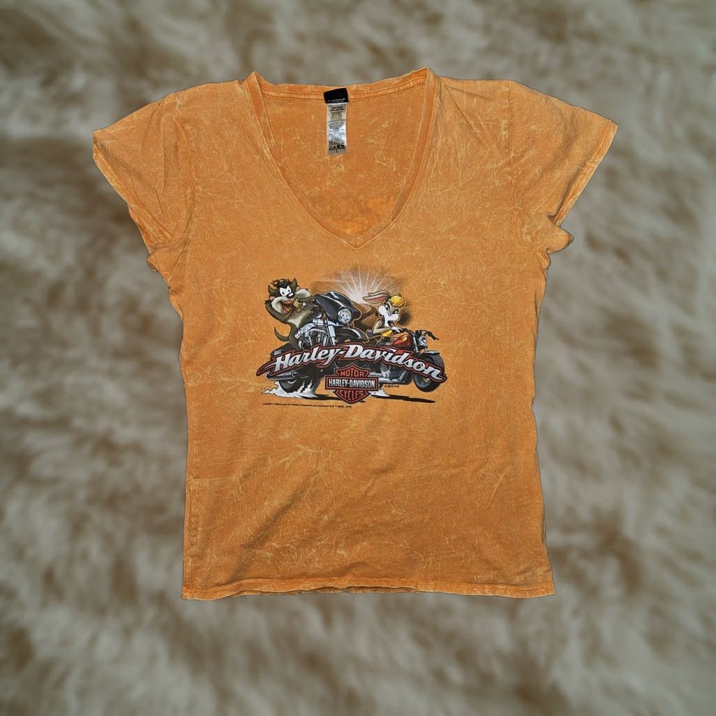 Vintage Harley Davidson Looney Tunes T-Shirt Women's Large Orange V-Neck Size L / US 10 / IT 46 - 1 Thumbnail