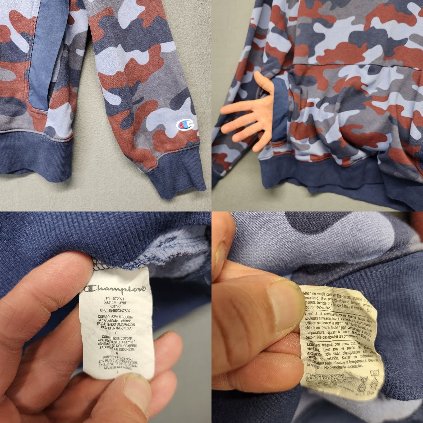 Champion VINTAGE Champion Sweatshirt Men Large Blue Red Camo Kangaroo Pouch Athleisure Casual Mens Size US L / EU 52-54 / 3 - 8 Thumbnail