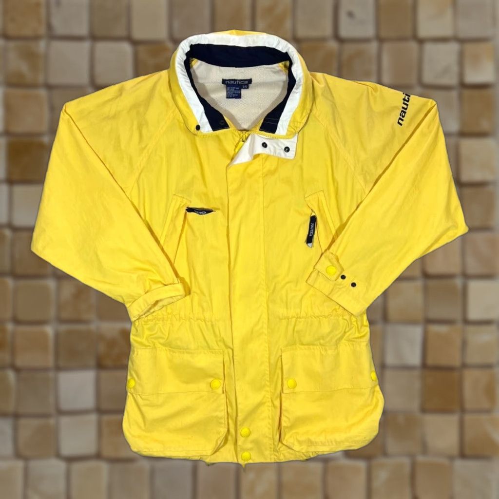 Nautica NAUTICA Windbreaker Jacket Yellow Cotton Polyester Large L - Sailing Jacket with Packaway Hood Mens Size US L / EU 52-54 / 3 - 1 Thumbnail