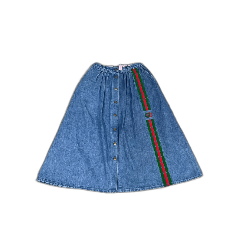 Gucci Gucci Red Green Embroidered Denim Skirt Size 40" / US 18 - 1 Thumbnail