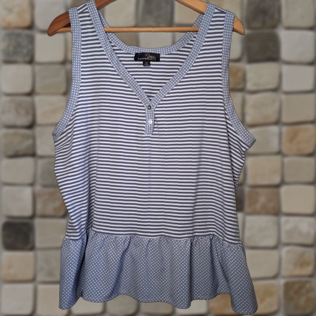 Vintage Suzanne Betro Tank Top Plus Size 3X Blue White Stripe Plka Dot Ruffle Sleeveless Nautical Casual Women Size XXL / US 16-18 / IT 52-54 - 1 Thumbnail