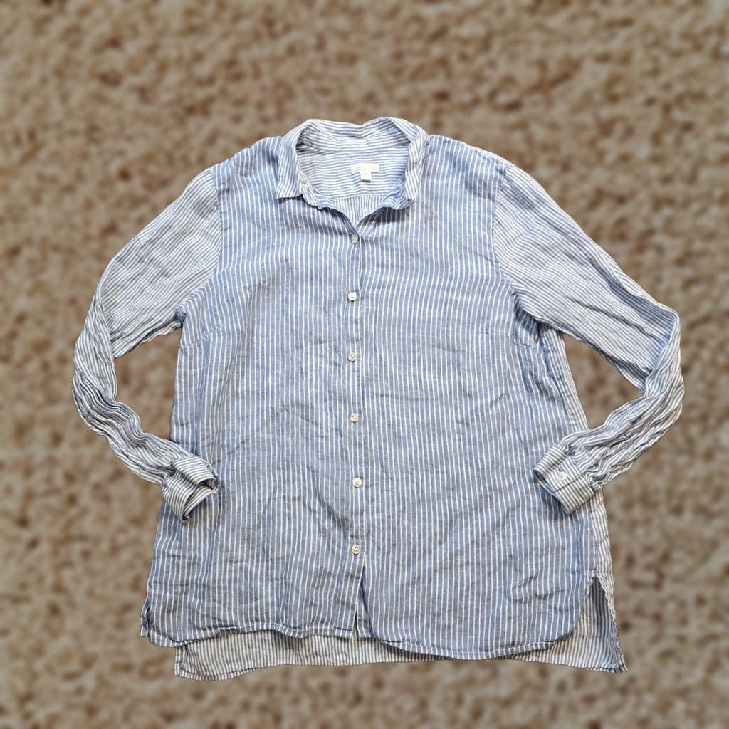 J. Jill J. Jill Top Women Large Blue Stripe Linen Button Long Sleeve Beach Casual Coastal Size L / US 10 / IT 46 - 1 Thumbnail