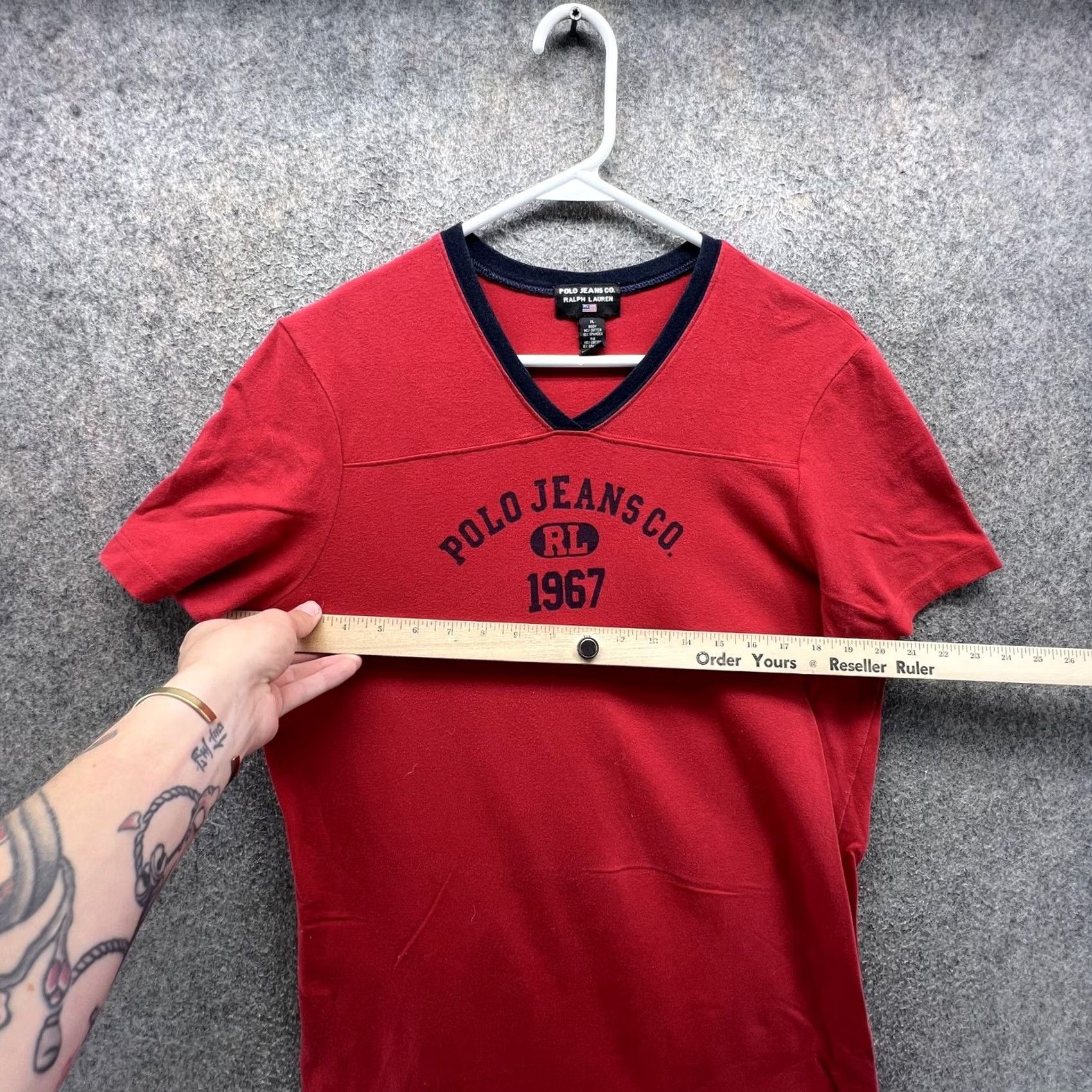 Ralph Lauren Polo Jeans Ralph Lauren Dress Shirt Womens XL Red V Neck 1967 Logo Graphic Tee Shirt Dress Ladies XL Red Polo Jeans Co. RL 1967 Logo Size XL / US 12-14 / IT 48-50 - 2 Thumbnail