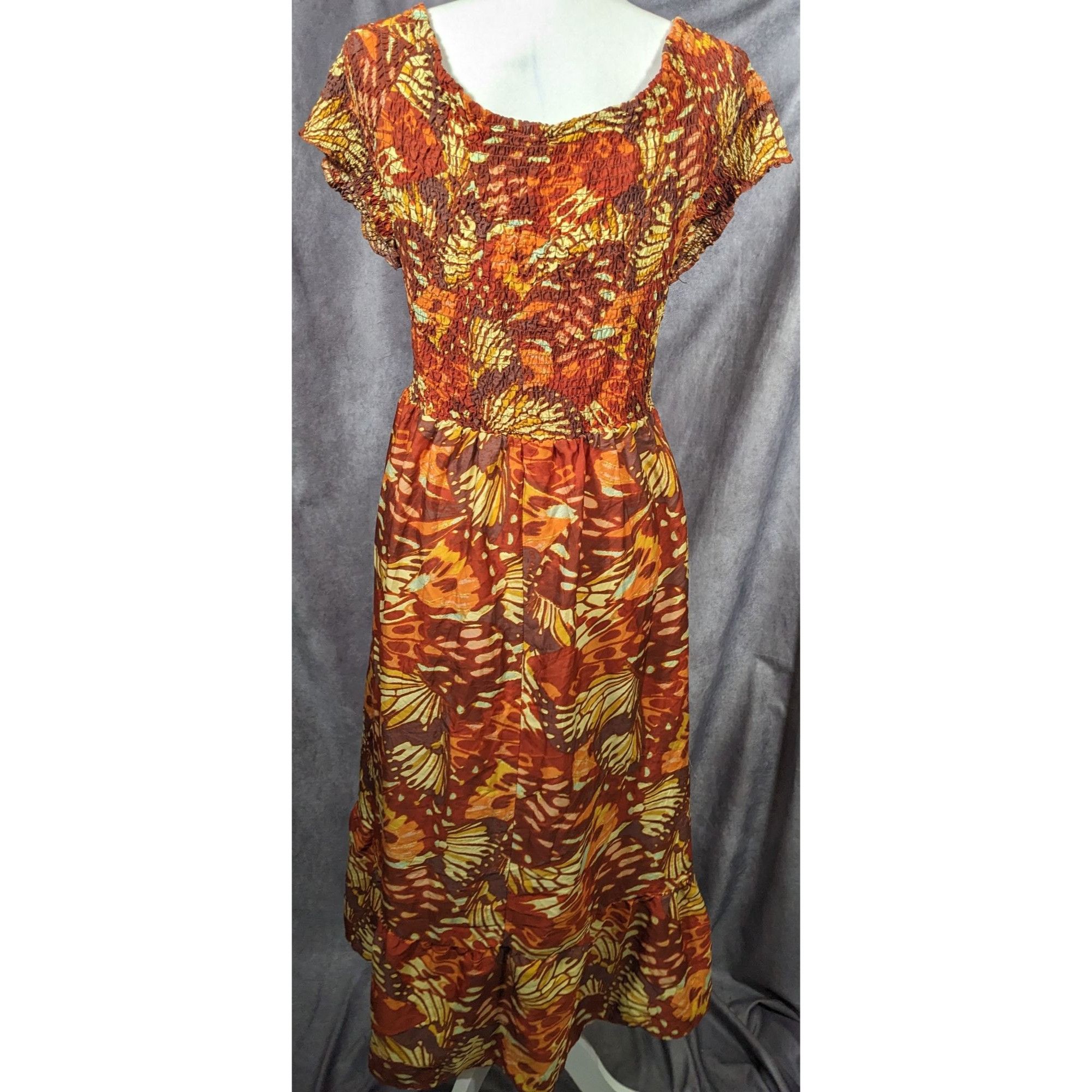 Other Bohemian Butterfly Ruched Brown And Orange Peasant Dress Size 3XL / US 20-22 - 5 Thumbnail