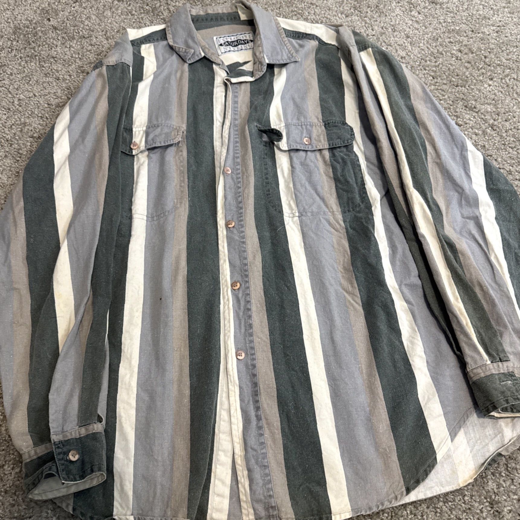 Vintage VTG Explosive Saturday Styling Button-Down Shirt Striped Green Grey M Men Long Sleeve Button Up Shirt Regular Size M Women? No, Men. Size US M / EU 48-50 / 2 - 2 Thumbnail