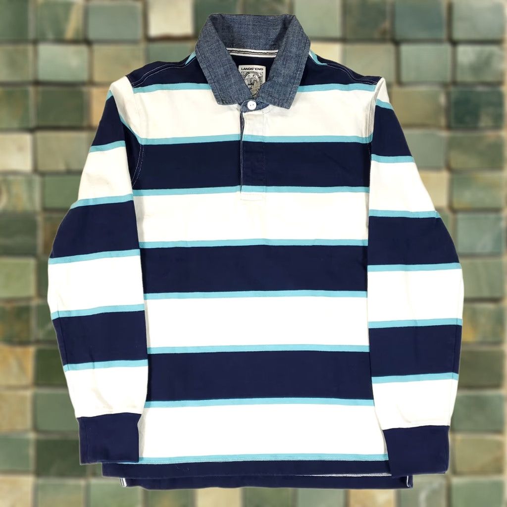 Lands' End Lands' End Rugby Shirt Mens S Collared Chambray Striped Navy Cornflower White Collar Shirt White S Mens Size US S / EU 44-46 / 1 - 1 Thumbnail