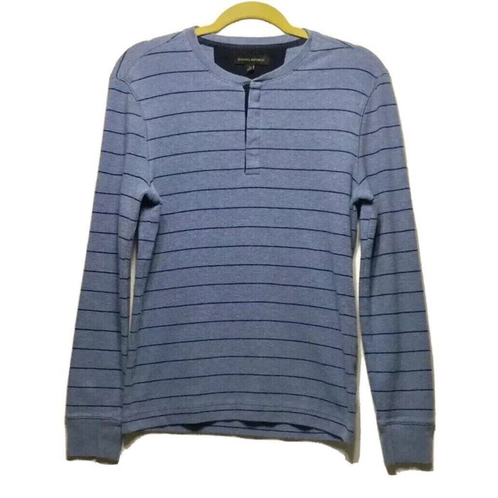Banana Republic Banana Republic Mens Henley Blue Striped Long Sleeve