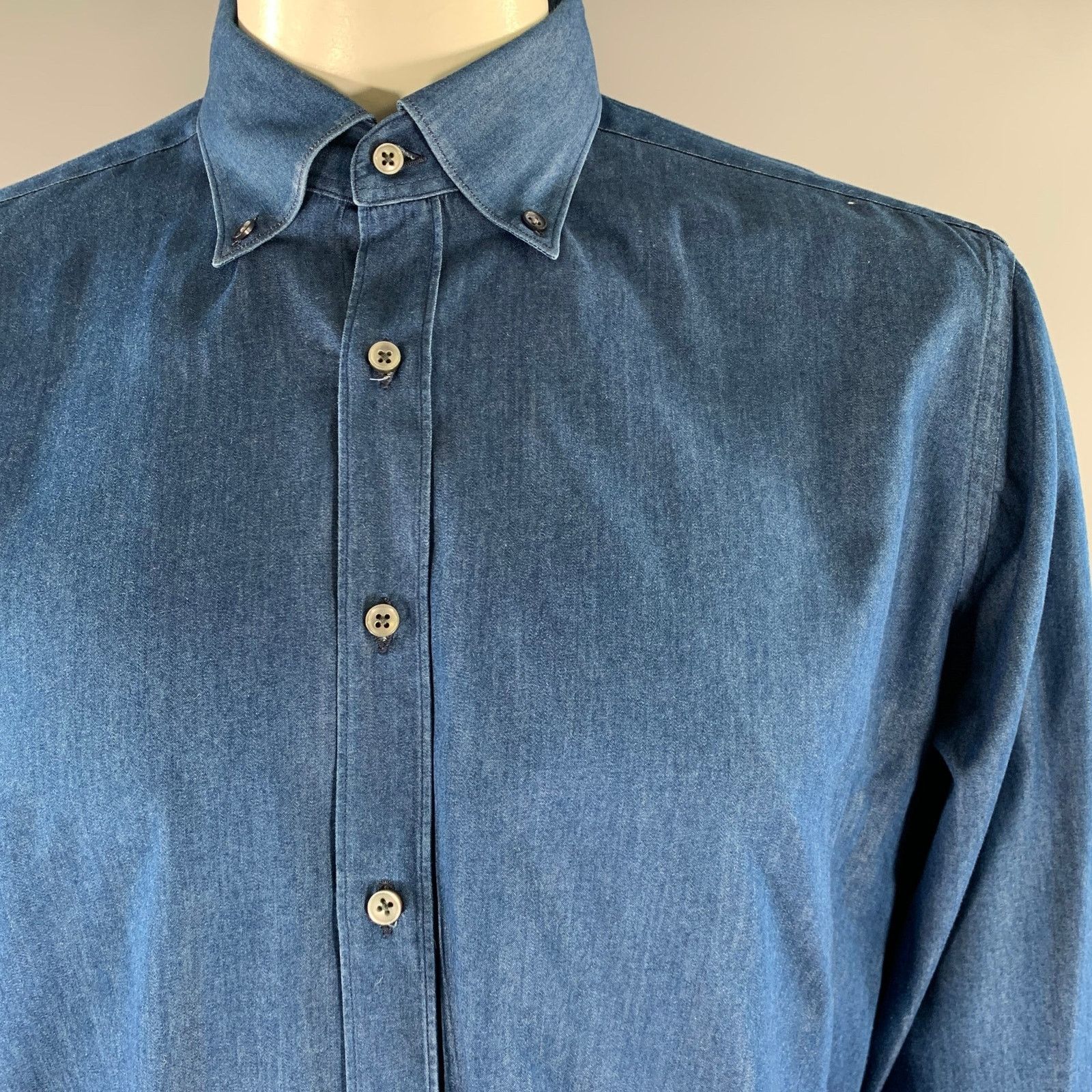 Tod's TOD'S L Navy Heather Cotton Button Down Long Sleeve Shirt Size US L / EU 52-54 / 3 - 2 Thumbnail