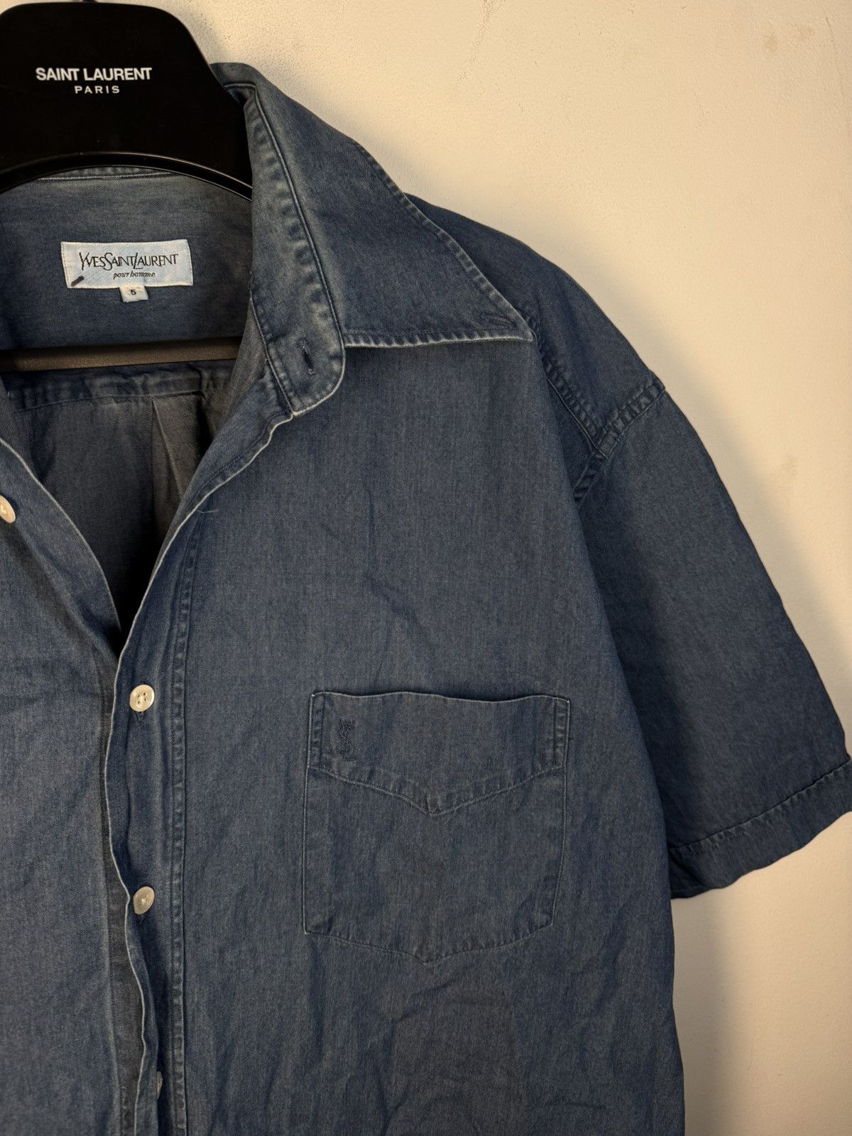 90s YSL Denim Shirt Jeans Short Sleeve Button Up Collar