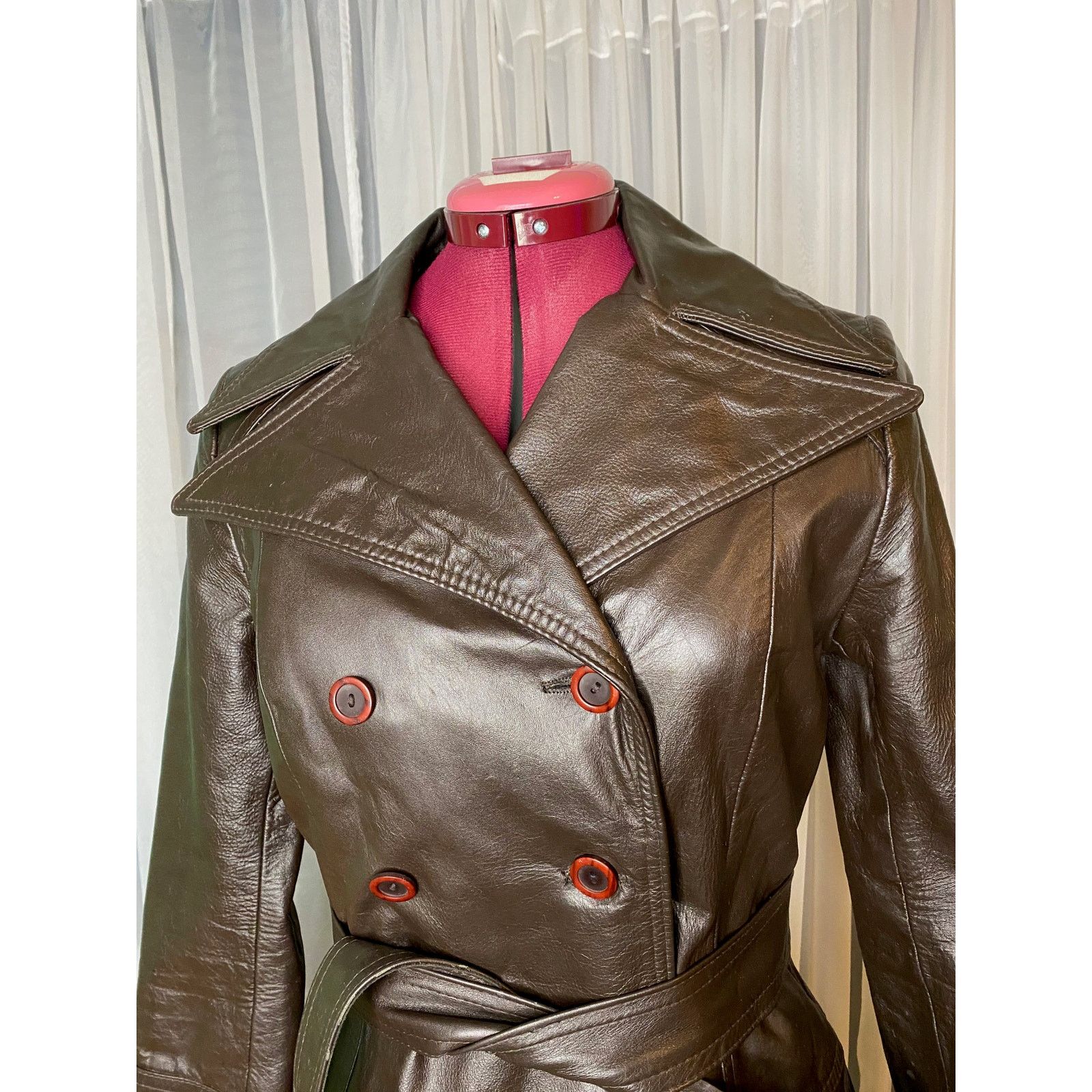 Vintage leather trench coat brown double breasted Vintage 1970s sz 7 Size S / US 4 / IT 40 - 3 Thumbnail