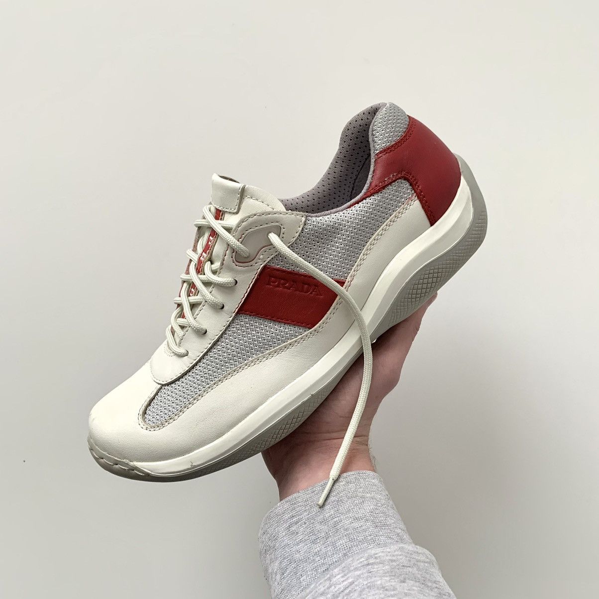 image of Prada America’S Cup Bike Leather Sneakers in White, Women's (Size 8)