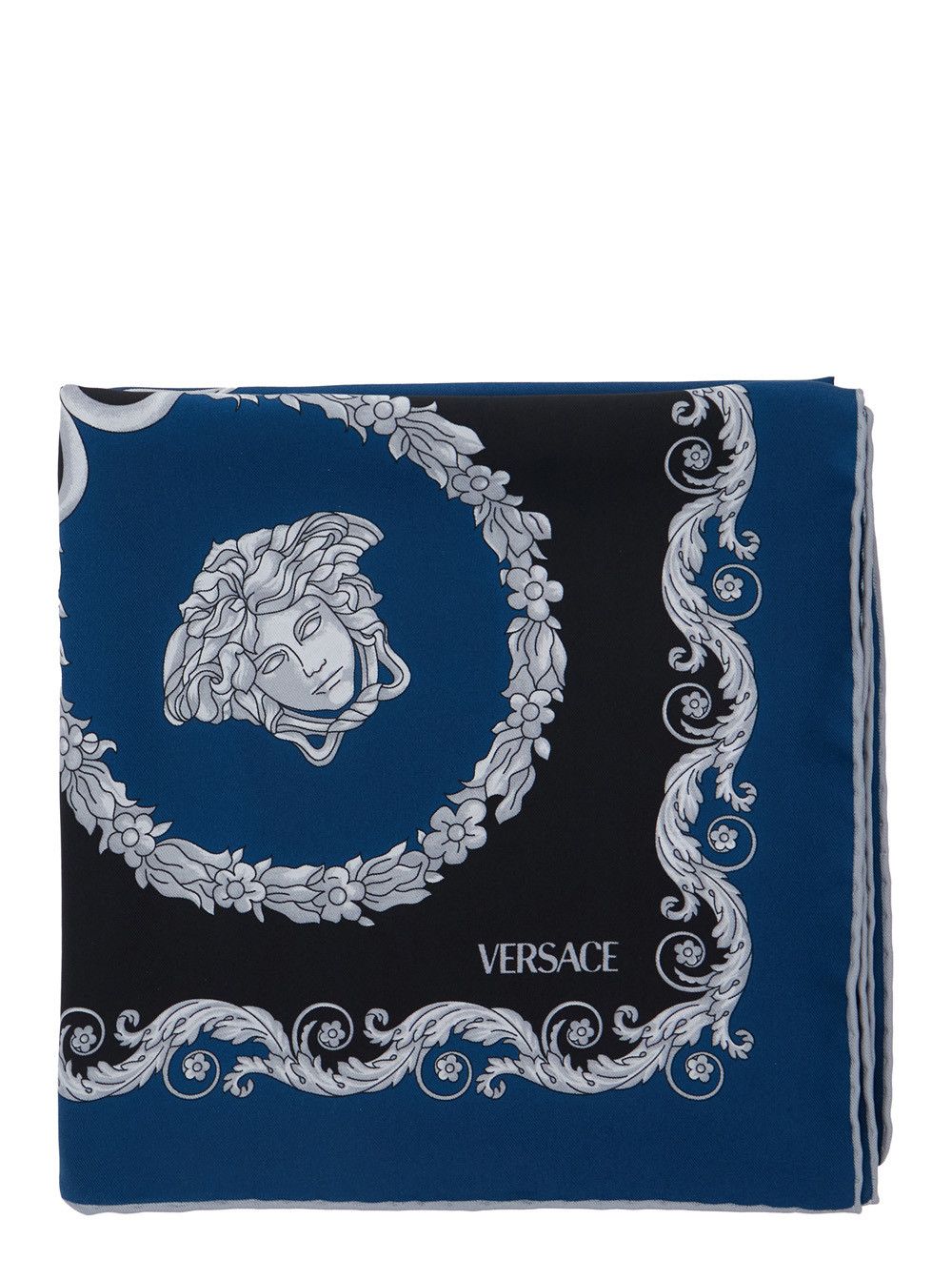 Blue Scarf with Geometric All-Over Motif in Silk Man