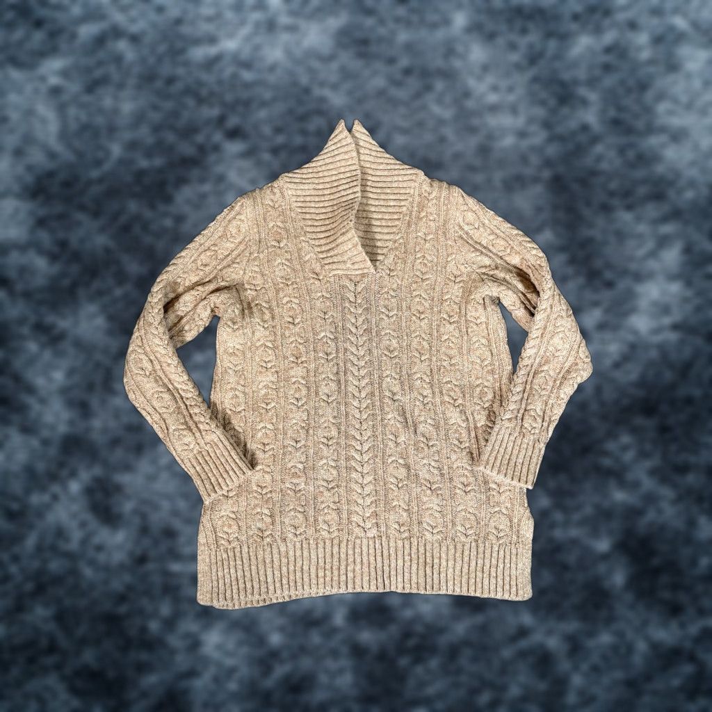 Lands' End Lands' End Sweater Womens L Beige Shawl Collar Cable Knit Cotton Wool Blend Pullover Knit All Seasons Casual Classic Womens Size L / US 10 / IT 46 - 1 Thumbnail