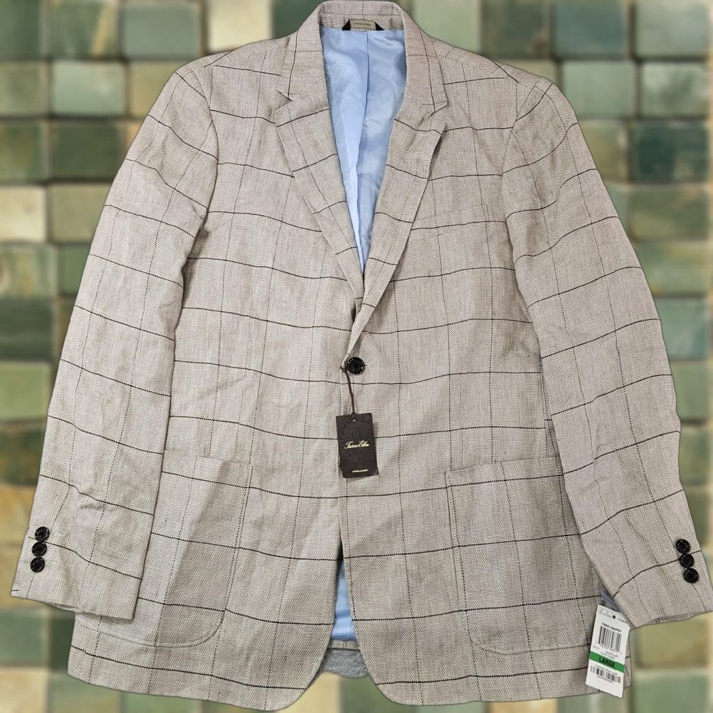 Tasso Elba Tasso Elba Blazer Mens Large Taupe Combo 100% Linen Windowpane Sport Coat Jacket Size 42R - 1 Thumbnail