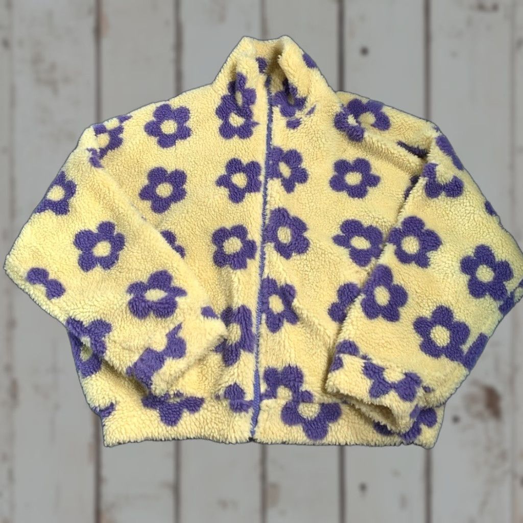 Vintage Pretty garbage Fleece Jacket Yellow Small Women S Purple Flowers Size S / US 4 / IT 40 - 1 Thumbnail