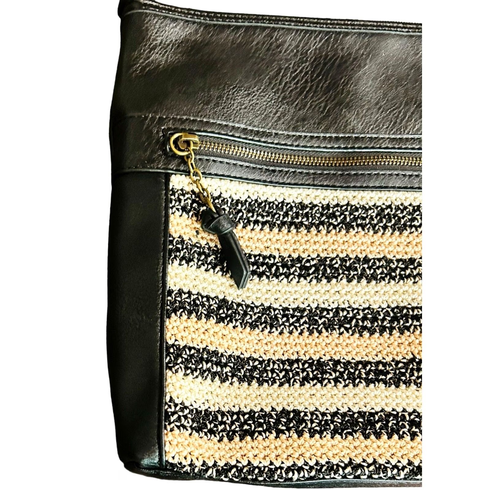 The Sak VINTAGE The Sak Black Faux Leather Hobo Bag Shoulder Purse Crochet Trim Boho Women’s Size ONE SIZE - 3 Thumbnail