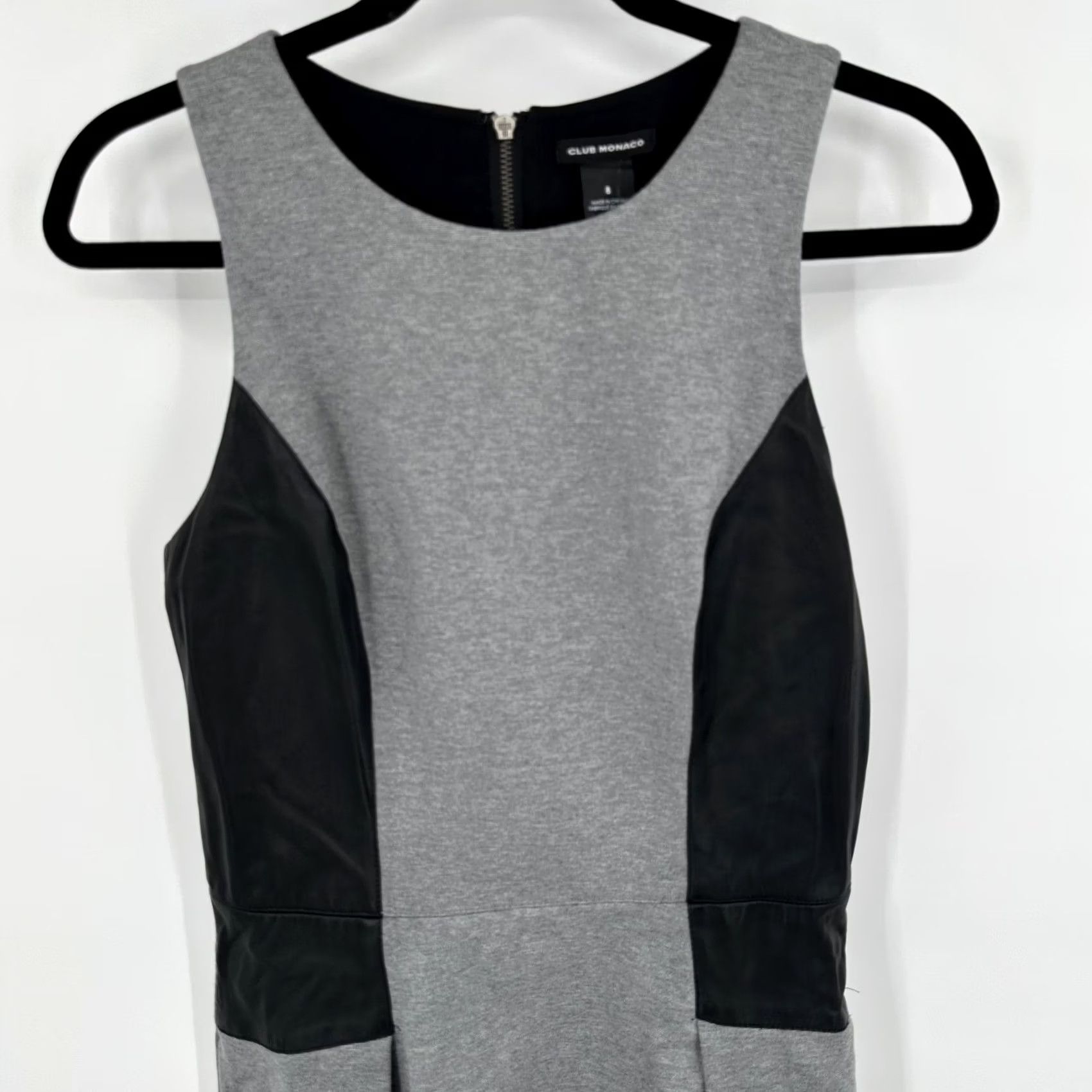 Club Monaco Club Monaco Dress Womens 8 Gray Black Sleeveless Fit Flare Faux Leather Panels Size M / US 6-8 / IT 42-44 - 2 Thumbnail