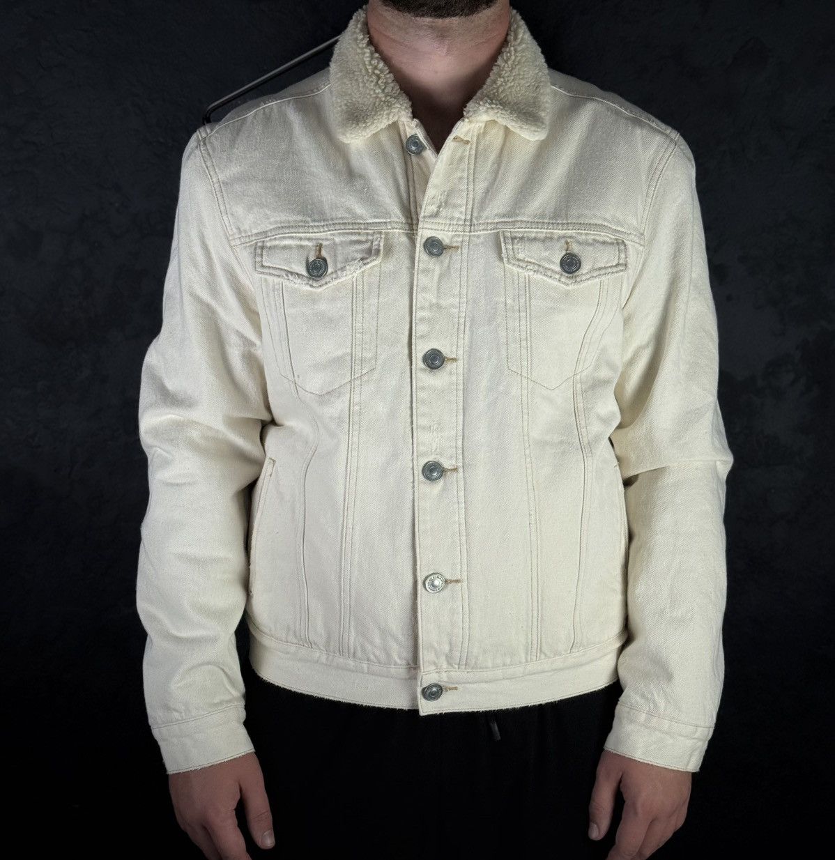 AllSaints Mens Cream Cotton Sherpa Lined Denim Jacket