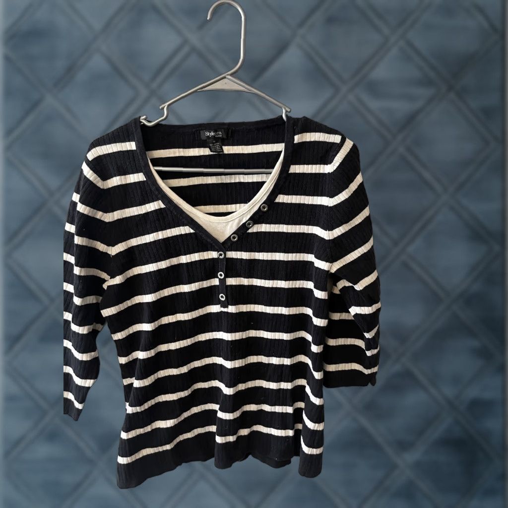 Style & Co Style & Co Top Women's 1X Black White Striped 3/4 Sleeve Cotton Career Casual Shirt Clothing Size XL / US 12-14 / IT 48-50 - 1 Thumbnail