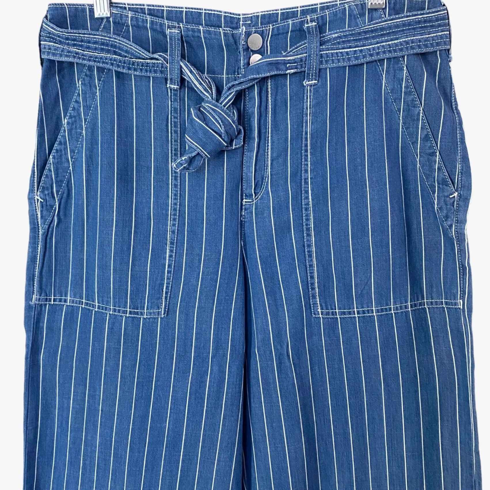 Vintage SEVEN7 Belted Wide-Leg Cropped Pants Denim Womens 8 Blue Striped Loose-Fit New Size 30" / US 8 / IT 44 - 5 Thumbnail